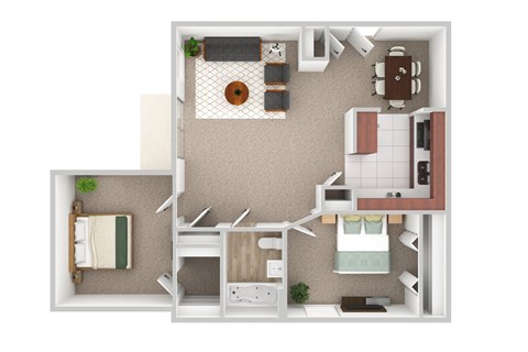 Two Bedroom  One Bathroom Floor Plan in 3D.
